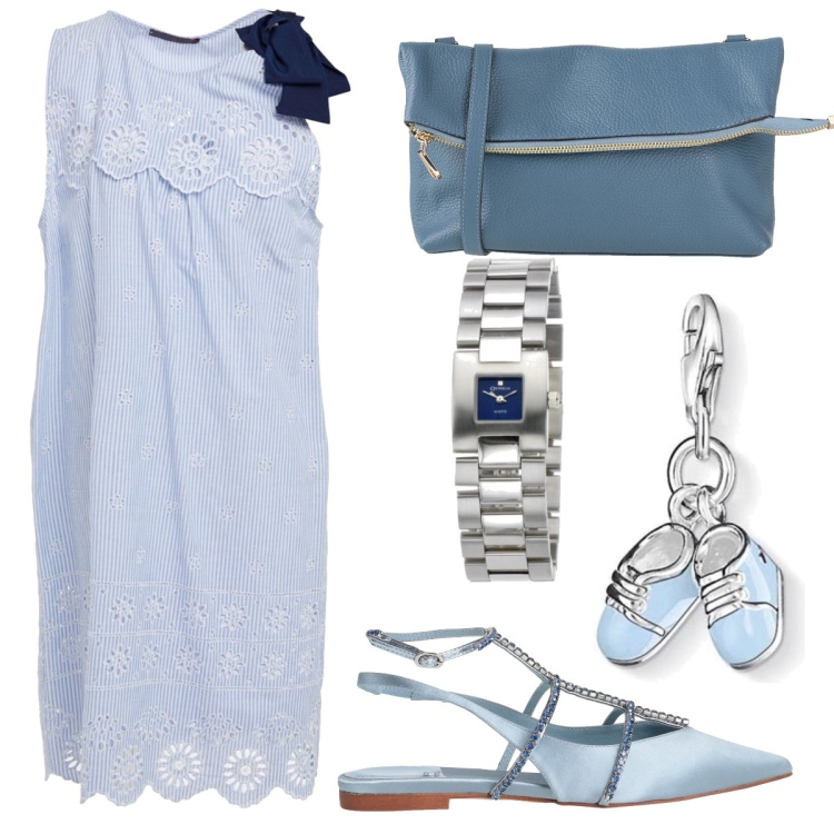 Outfit donna - Abito azzurro con righe e ricami. Stile Basic per Tutti i giorni. Abbinamento con ballerine, vestiti midi/longuette, borse a tracolla, orologi, ciondoli.