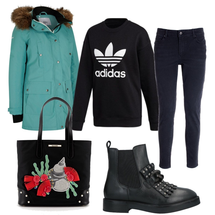 Outfit donna - Parka verde acqua. Stile Casual per Tutti i giorni. Abbinamento con blazer, stivaletti, felpe, jeans skinny, borse a tracolla.
