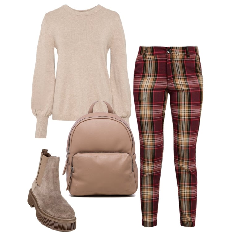 Outfit donna - In giro per negozi. Stile Casual per Tutti i giorni. Abbinamento con maglieria, pantaloni, stivaletti, zaini.