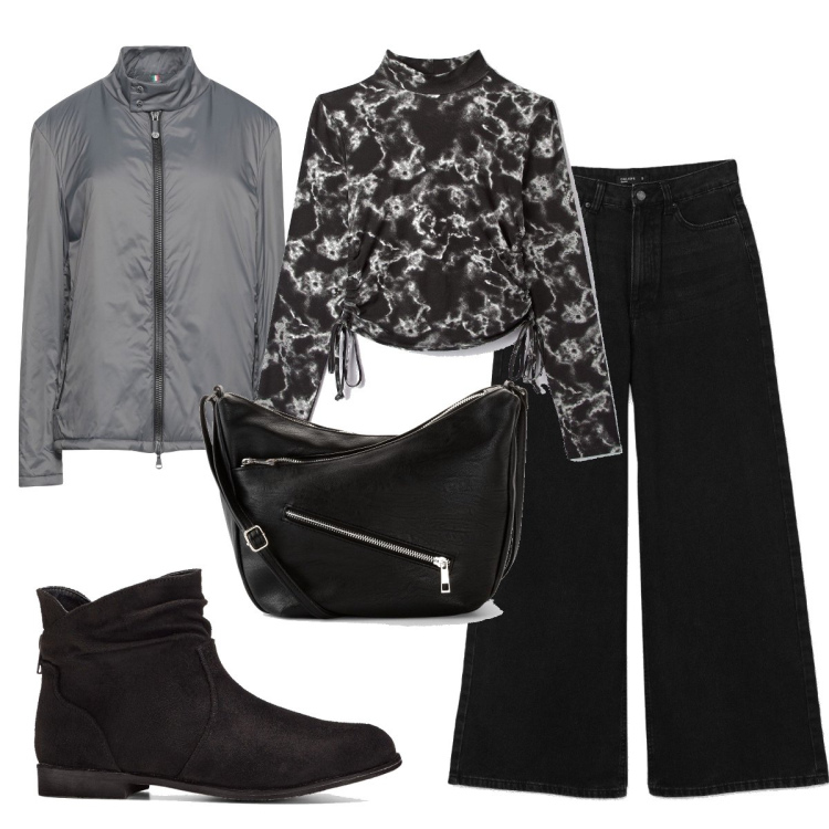 Outfit donna - Total look #1482132. Stile Trendy per Tutti i giorni. Abbinamento con stivaletti, borse a tracolla, giacche, t-shirt, jeans.
