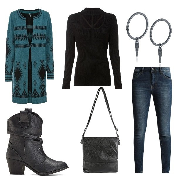 Outfit donna - Camperos per tutti i giorni. Stile Basic per Tutti i giorni. Abbinamento con stivaletti texani, cardigans, maglieria, jeans skinny, borse a tracolla, orecchini.