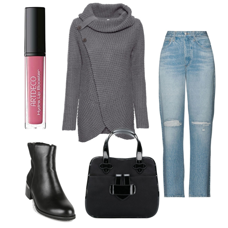 Outfit donna - Urban #9591. Stile Urban per Tutti i giorni. Abbinamento con maglieria, jeans dritti, stivaletti, borse tote, gloss.