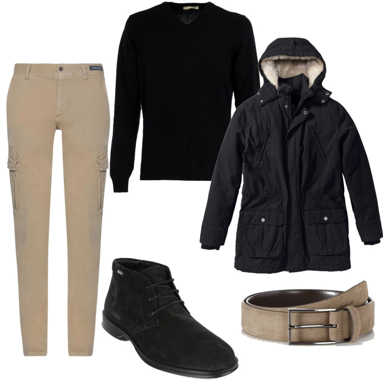Outfit uomo - Con le tasche. Stile Urban per Tutti i giorni. Abbinamento con parka, pantaloni, stivali e stivaletti, maglieria, cinture.
