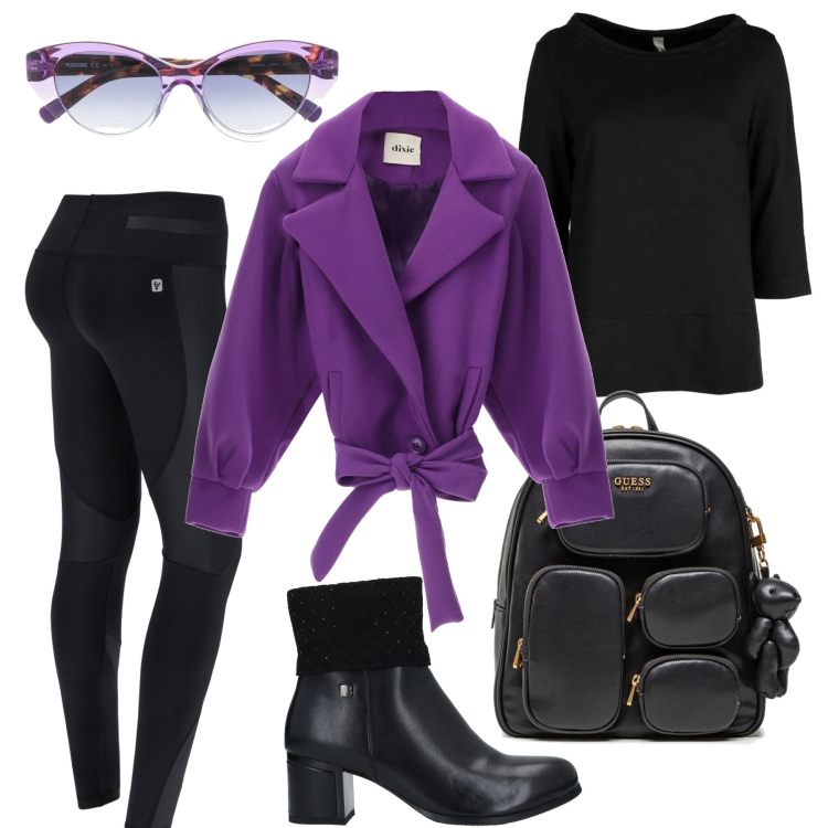 Outfit donna - Urban by day. Stile Urban per Scuola/Università. Abbinamento con stivaletti, t-shirt, zaini, leggings, occhiali da sole, cappotti.