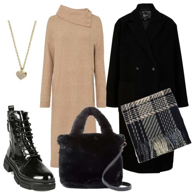Outfit donna - Trendy a Lavoro. Stile Trendy per Ufficio. Abbinamento con vestiti chemisier, cappotti, borse a mano, anfibi, foulard, collane.