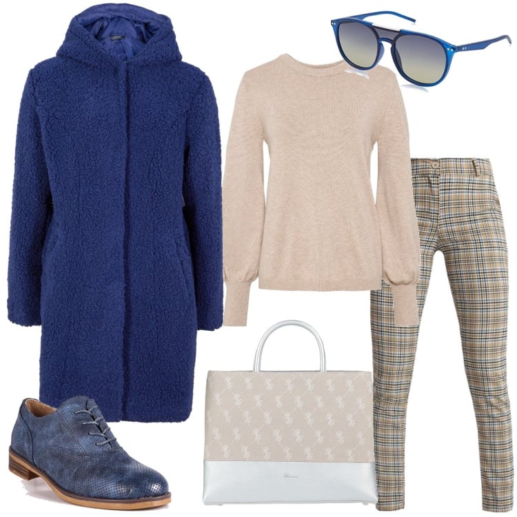 Outfit donna - Università. Stile Casual chic per Scuola/Università. Abbinamento con borse a mano, maglieria, blazer, pantaloni, francesine, occhiali da sole.