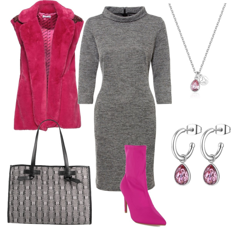 Outfit donna - L’abito da giorno in maglia. Stile Casual chic per Tutti i giorni. Abbinamento con cappotti, borse a mano, vestiti, stivaletti, orecchini, collane.