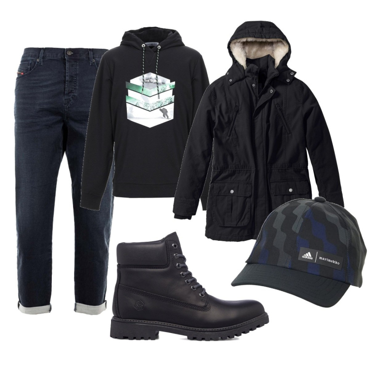 Outfit uomo - Casual #22679. Stile Casual per Tutti i giorni. Abbinamento con parka, felpe con cappuccio, jeans, stivali e stivaletti, cappelli con visiera.