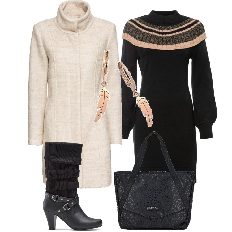 Outfit donna - Shopping. Stile Casual chic per Tutti i giorni. Abbinamento con stivali, vestiti, cappotti, borse tote, orecchini.