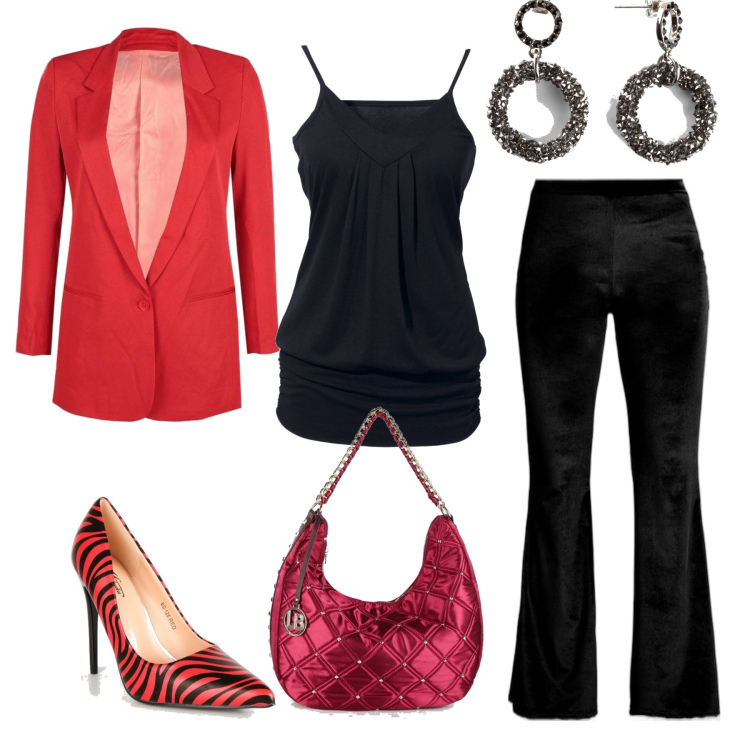 Outfit donna - Curvy Natale Bantoa. Stile Chic per Serata fuori. Abbinamento con top, orecchini, pantaloni, blazer, décolleté, borse a spalla.