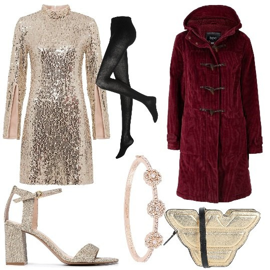 Outfit donna - La magia del Natale Bantoa. Stile Chic per Serata fuori. Abbinamento con montgomery, vestiti, collant, borse a tracolla, sandali col tacco, braccialetti.