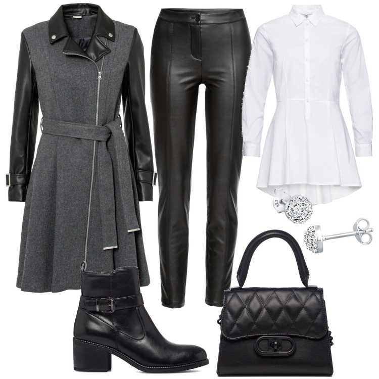 Outfit donna - Rock glam in ufficio. Stile Rock per Ufficio. Abbinamento con camicie, cappotti, pantaloni, stivaletti, borse a mano, orecchini.