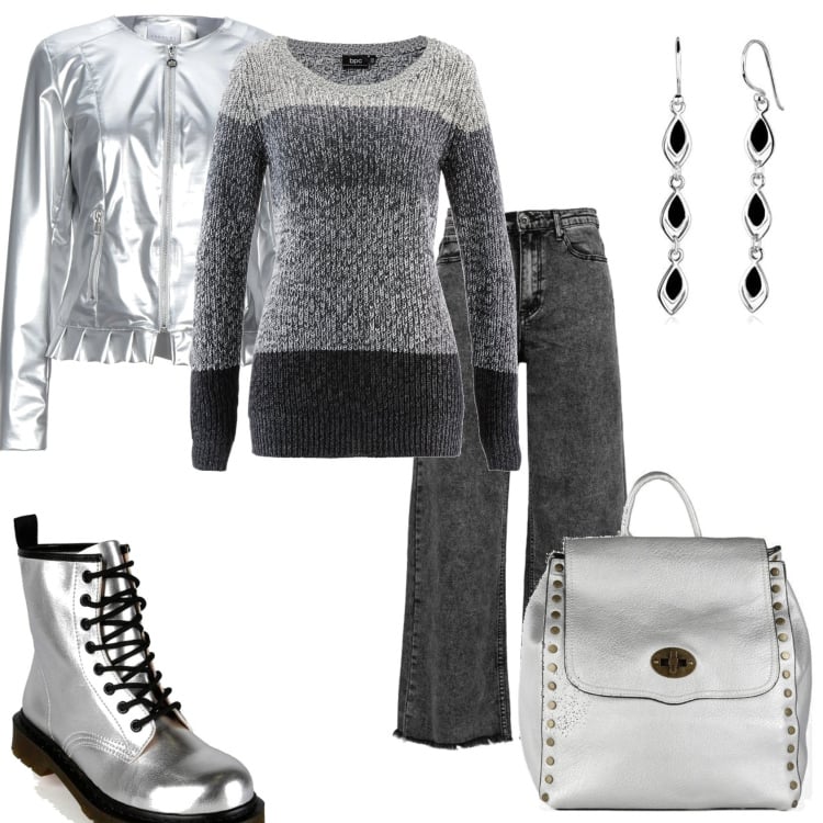 Outfit donna - Argento vivo. Stile Trendy per Tutti i giorni. Abbinamento con giacche, maglieria, jeans boyfriend, anfibi, zaini, orecchini.
