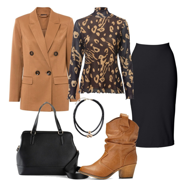 Outfit donna - Trendy #20264. Stile Trendy per Tutti i giorni. Abbinamento con gonne longuette, stivaletti texani, maglieria, blazer, borse a mano, collane.