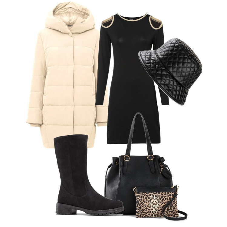 Outfit donna - Total look #1482856. Stile Trendy per Tutti i giorni. Abbinamento con cappelli con visiera, vestiti, giacche, stivali, shopping bag.