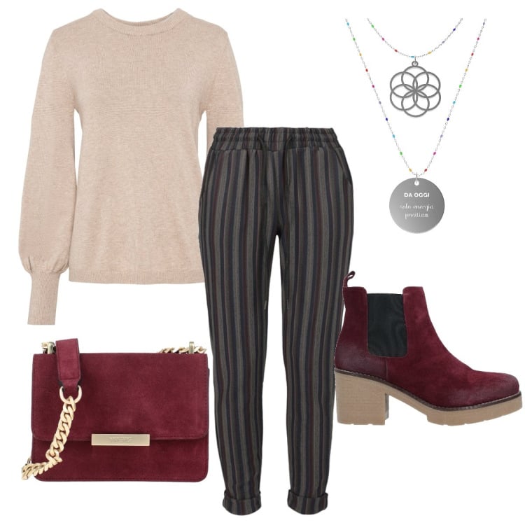 Outfit donna - Il pantalone a righe. Stile Casual chic per Tutti i giorni. Abbinamento con stivaletti, borse a tracolla, maglieria, pantaloni, ciondoli.