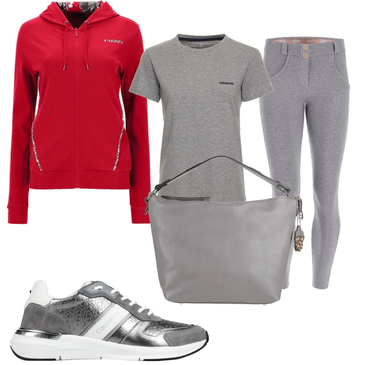 Outfit donna - Felpa rossa. Stile Basic per Tutti i giorni. Abbinamento con borse a mano, sneakers, pantaloni skinny, felpe con cappuccio, t-shirt.