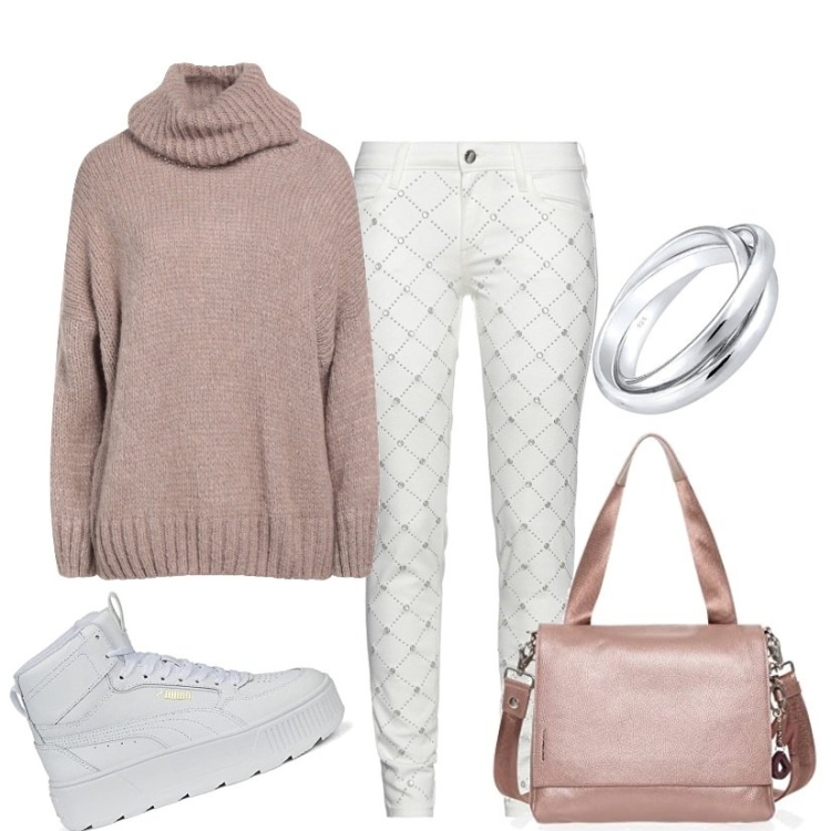 Outfit mujer - Trendy #20314. Estilo Trendy para Todos los días. Combinación con bandoleras, sneakers, anillos, prendas de punto, vaqueros slim fit.