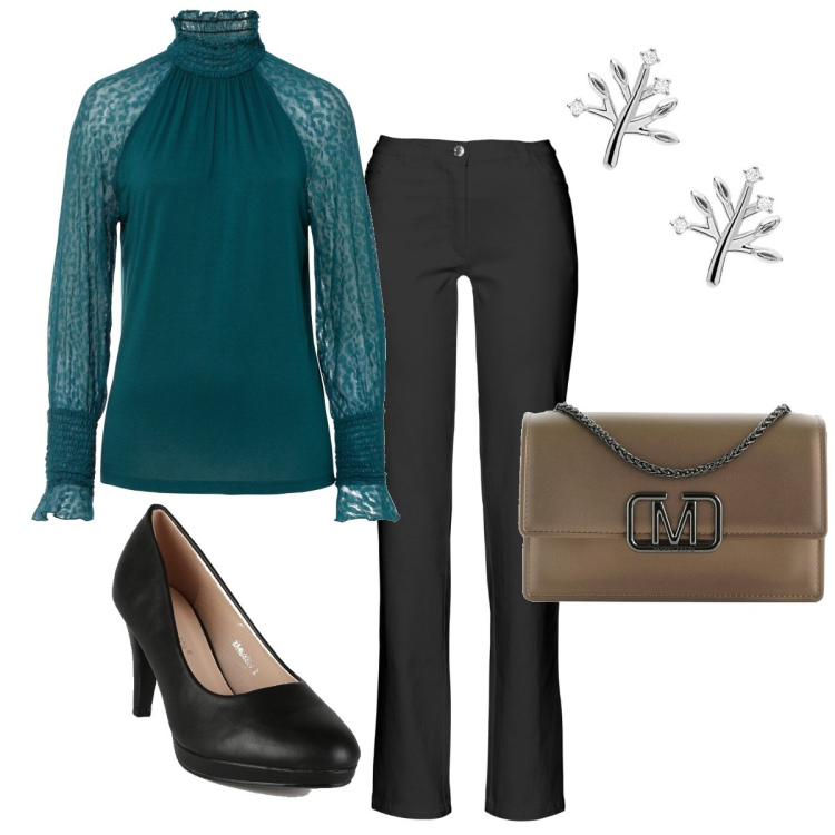 Outfit donna - Gli orecchini ad alberello. Stile Bon Ton per Serata fuori. Abbinamento con pantaloni, maglieria, décolleté, borse a tracolla, orecchini.
