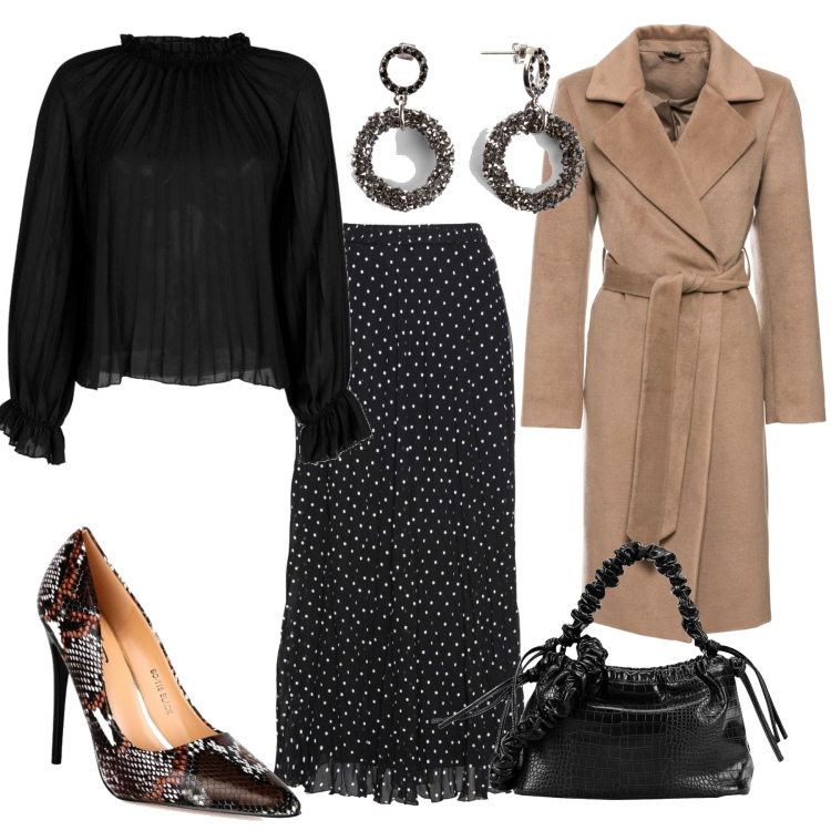 Outfit donna - Vestita con morbidezza. Stile Casual chic per Serata fuori. Abbinamento con gonne, cappotti, orecchini, borse a mano, bluse, décolleté.