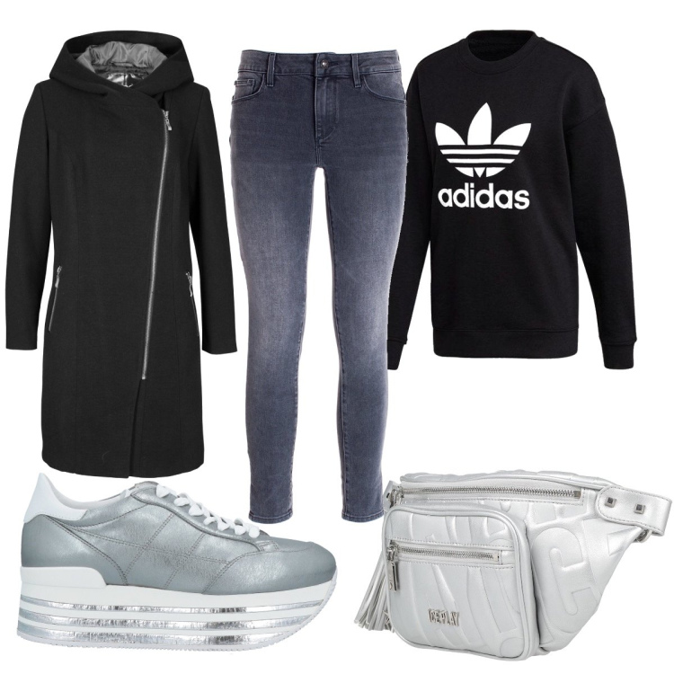 Outfit donna - Jeans sportivo. Stile Basic per Tutti i giorni. Abbinamento con blazer, sneakers, marsupi, felpe, jeans skinny.