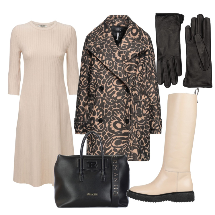 Outfit donna - Verso il Natale. Stile Basic per Ufficio. Abbinamento con stivali, cappotti, borse a mano, vestiti midi/longuette, guanti.