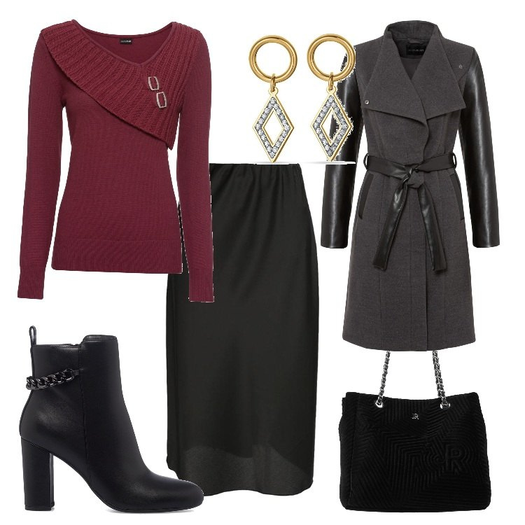 Outfit donna - Per la sera. Stile Trendy per Serata fuori. Abbinamento con maglieria, cappotti, borse a mano, gonne lunghe, orecchini, stivaletti.