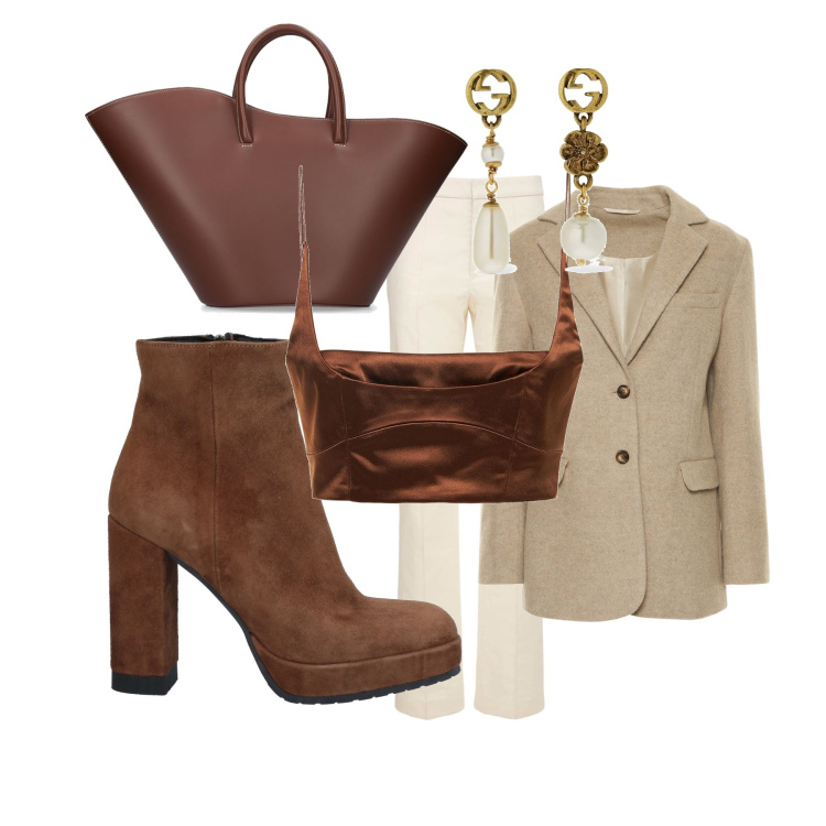 Outfit donna - Outfit con elementi caffè. Stile Chic per Serata fuori. Abbinamento con stivaletti, orecchini, pantaloni, top, cappotti, shopping bag.