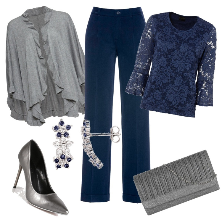 Outfit donna - Pizzo blu. Stile Chic per Serata fuori. Abbinamento con pantaloni, bluse, cappotti, décolleté, pochette, orecchini.