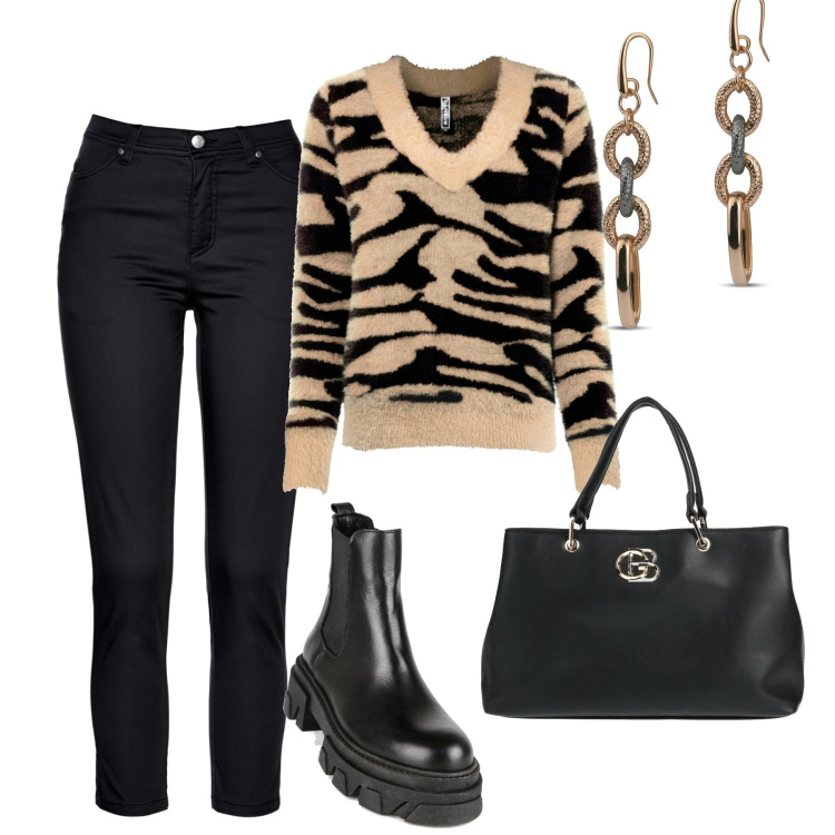 Outfit donna - Il pull scollo a V. Stile Trendy per Tutti i giorni. Abbinamento con pantaloni, maglieria, borse a mano, stivaletti, orecchini.
