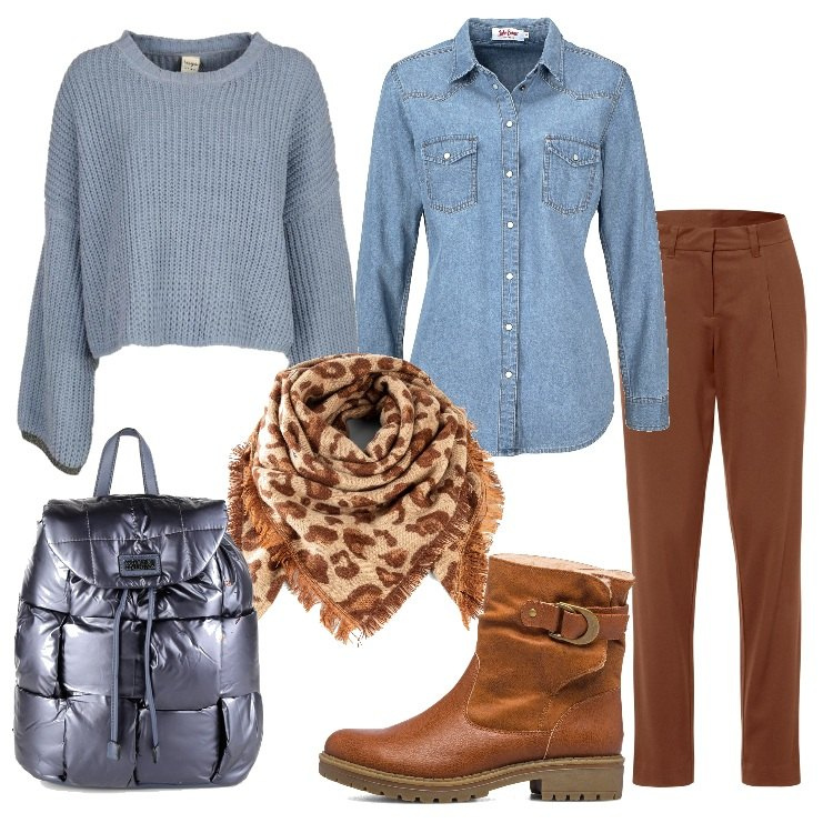 Outfit donna - Casual a scuola. Stile Casual per Scuola/Università. Abbinamento con camicie, pantaloni, sciarpe, zaini, maglieria, stivaletti.