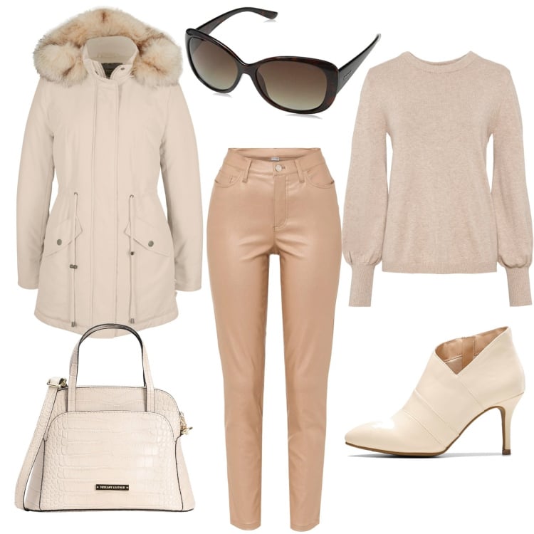 Outfit donna - Burro. Stile Trendy per Tutti i giorni. Abbinamento con borse a tracolla, maglieria, parka, pantaloni skinny, stivaletti, occhiali da sole.