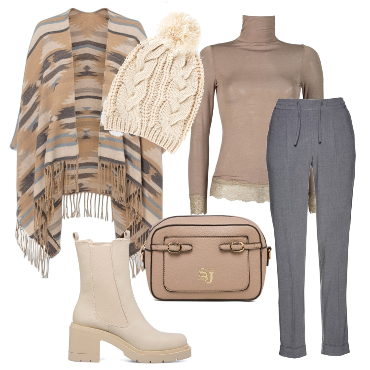 Outfit donna - Total look #1484050. Stile Casual per Tutti i giorni. Abbinamento con pantaloni, cappotti, berretti, maglieria, stivaletti, borse a tracolla.