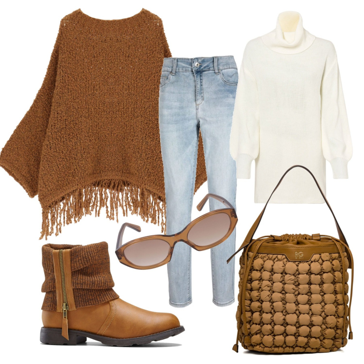 Outfit donna - Il poncho con le frange. Stile Trendy per Tutti i giorni. Abbinamento con stivaletti, maglieria, jeans, borse a secchiello, cappotti, occhiali da sole.