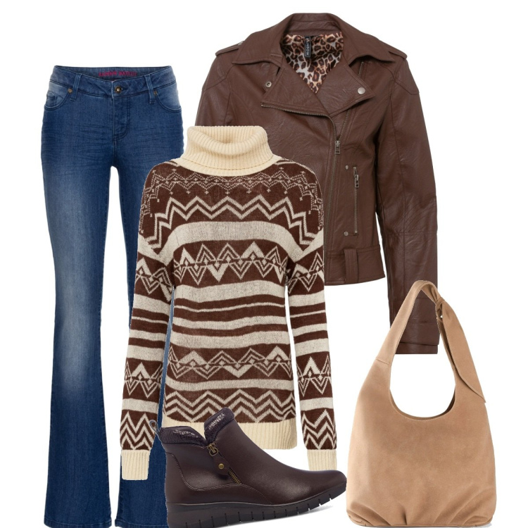Outfit donna - Onde marroni. Stile Casual per Tutti i giorni. Abbinamento con jeans bootcut, maglieria, borse a tracolla, giacche, stivaletti.