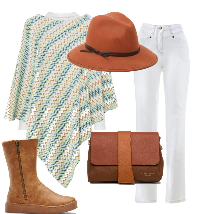 Outfit donna - Total look #1484230. Stile Etnico per Tutti i giorni. Abbinamento con stivali, pantaloni, cappotti, maglieria, cappelli, borse a tracolla.