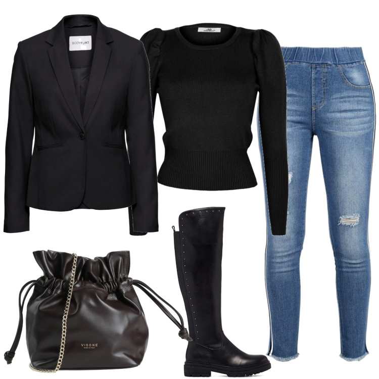 Outfit donna - Jeans e giacca. Stile Casual chic per Ufficio. Abbinamento con blazer, borse a tracolla, pullovers, jeggings, stivali.