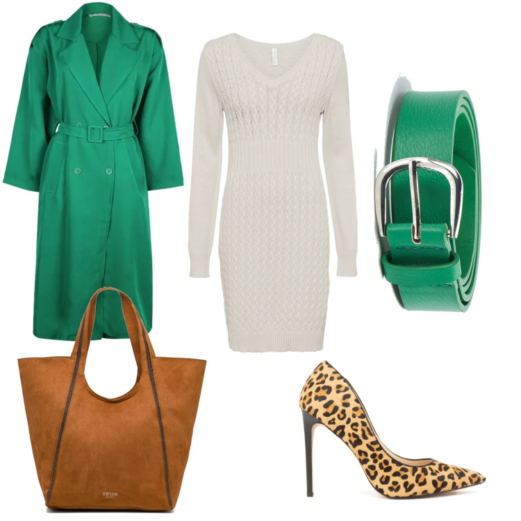 Outfit donna - Bianco verde caramello. Stile Chic per Serata fuori. Abbinamento con vestiti, cinture, cappotti, décolleté, borse a spalla.