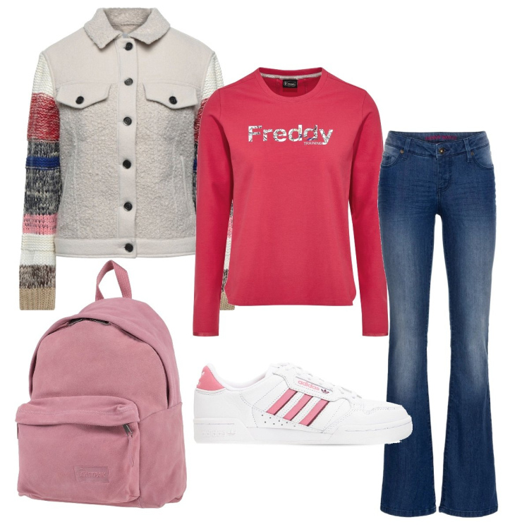 Outfit donna - Lezione all’università. Stile Casual per Scuola/Università. Abbinamento con jeans bootcut, giacche, zaini, felpe, sneakers.