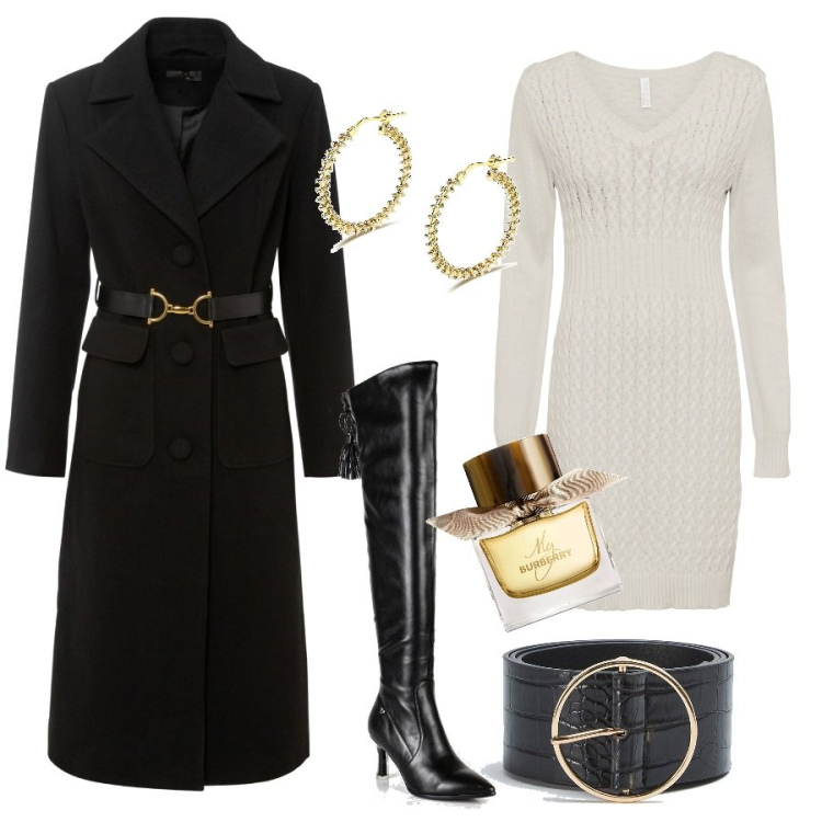 Outfit donna - Cena con i colleghi. Stile Chic per Serata fuori. Abbinamento con vestiti, cappotti, cinture, stivali sopra il ginocchio, orecchini, profumi.