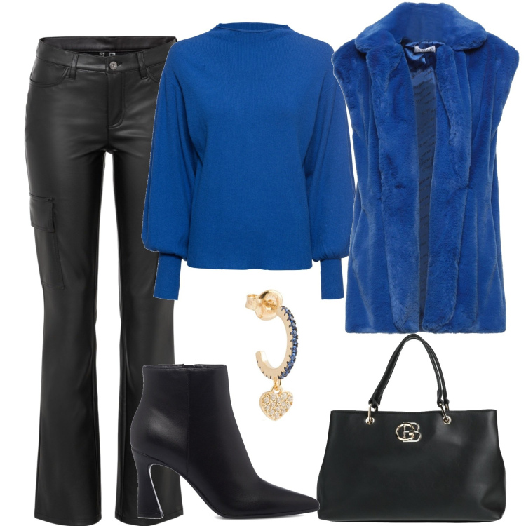 Outfit donna - Blu china e nero. Stile Casual chic per Tutti i giorni. Abbinamento con maglieria, pantaloni cargo, cappotti, borse a mano, orecchini, stivaletti.