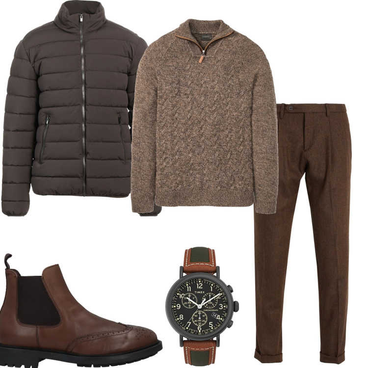Outfit uomo - In marrone mi vesto. Stile Trendy per Tutti i giorni. Abbinamento con maglieria, piumini, pantaloni, stivali e stivaletti, orologi.
