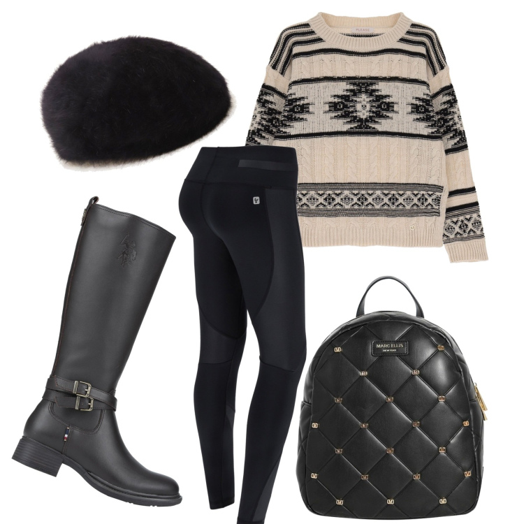 Outfit donna - Total look #1484789. Stile Casual chic per Tutti i giorni. Abbinamento con stivali, pullovers, zaini, leggings, cappelli con visiera.