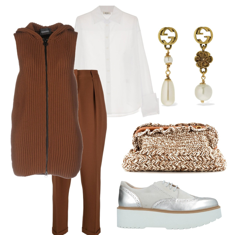 Outfit donna - Casual chic #27282. Stile Casual chic per Ufficio. Abbinamento con scarpe stringate, cardigans, camicie, borse a tracolla, pantaloni, orecchini.