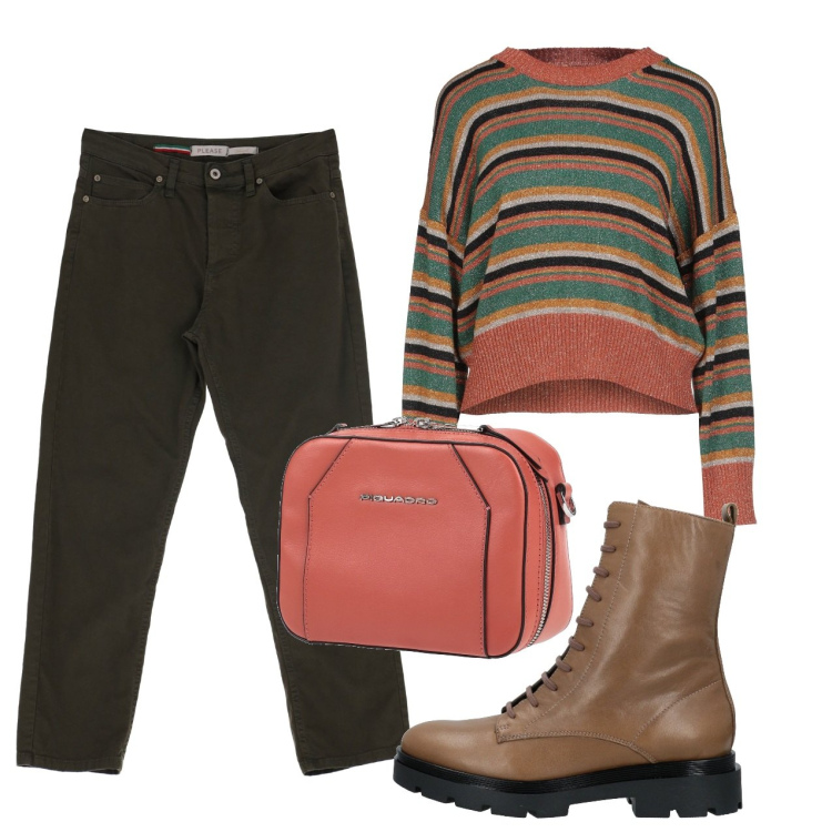 Outfit donna - Pullover a righe. Stile Casual per Tutti i giorni. Abbinamento con marsupi, pullovers, stivaletti, pantaloni capri.