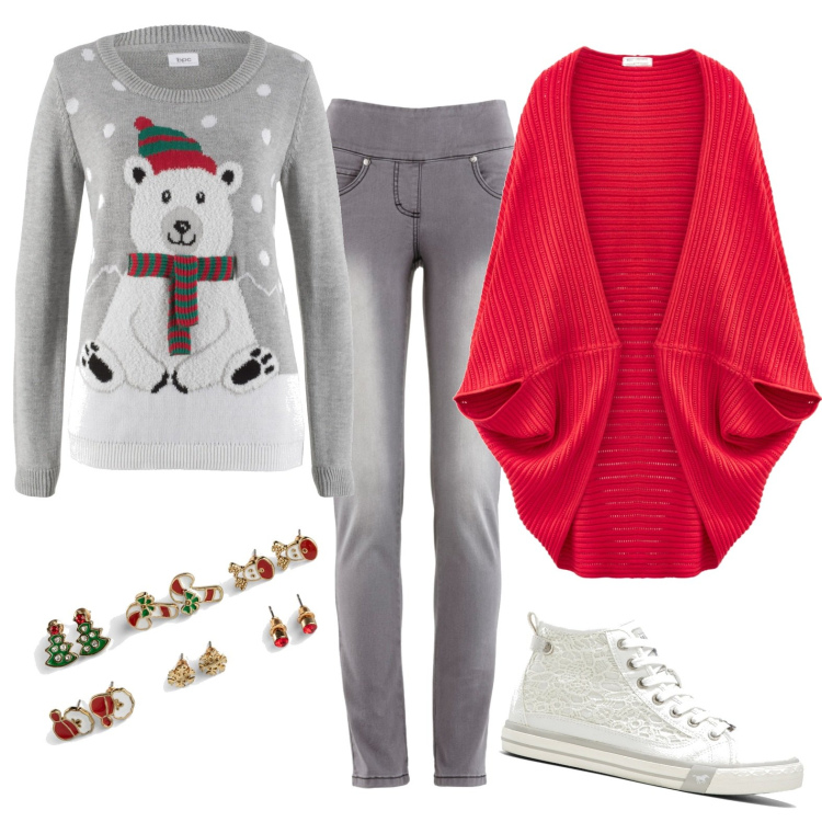 Outfit donna - Party di Natale a casa mia. Stile Casual per Tutti i giorni. Abbinamento con jeans slim fit, cappotti, maglieria, sneakers, orecchini.