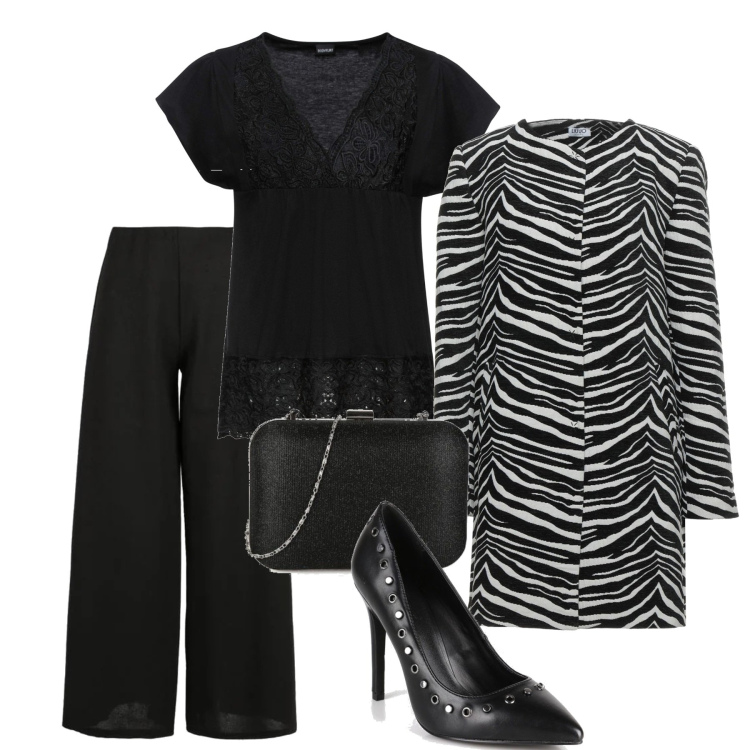 Outfit donna - Serata zebrata. Stile Trendy per Serata fuori. Abbinamento con cappotti, maglieria, pantaloni a palazzo, décolleté, pochette.