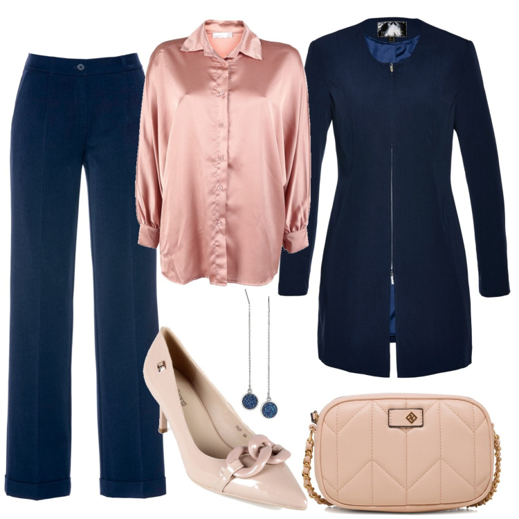 Outfit donna - Laurea della mia amica. Stile Chic per Cerimonia. Abbinamento con pantaloni, blazer, camicie, décolleté, orecchini, borse a tracolla.