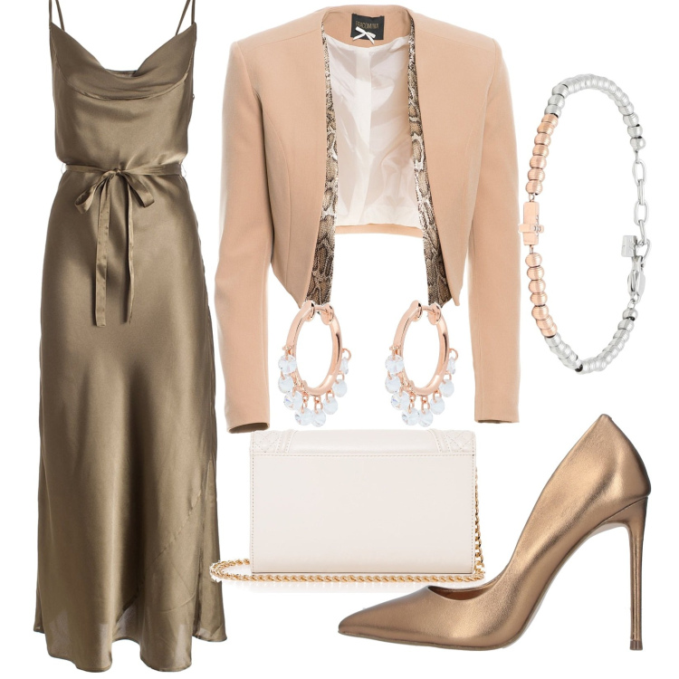 Outfit donna - Le scarpe dorate. Stile Bon Ton per Cerimonia. Abbinamento con décolleté, orecchini, braccialetti, vestiti lunghi, bolero, pochette.