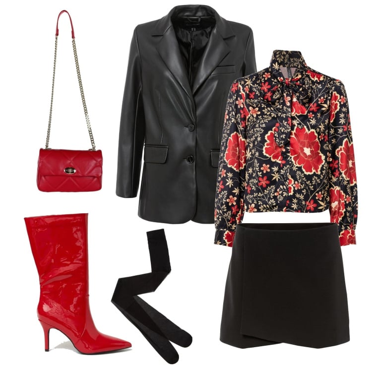 Outfit donna - È Natale, fra un po\'. Stile Casual chic per Serata fuori. Abbinamento con blazer, bluse, pantaloni, collant, borse a tracolla, stivali.